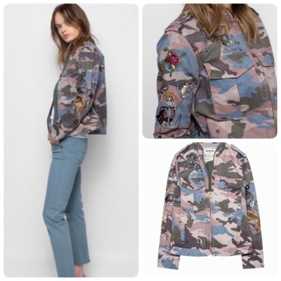 ZADIG & VOLTAIRE Kavy Camou Brode Jacket Green Camo Skull Embroidery Bomber Wool - Picture 1 of 16